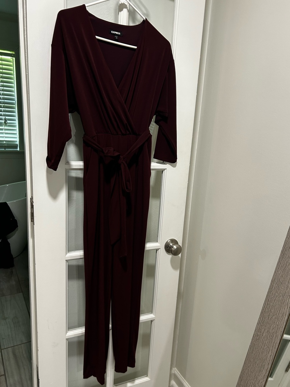 Express Deep Burgundy Wrap Jumpsuit with Tie Waist